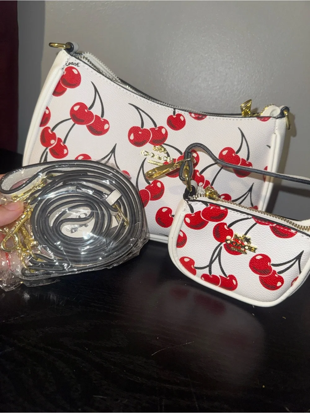 White Cherry Print Crossbody Bag with Coin Pouch